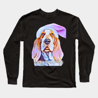 Cute Basset Hound in Pink Santa Hat with Happy Howlidays Long Sleeve T-Shirt